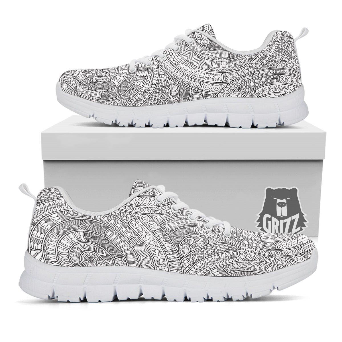 Floral Zentangle Print Pattern White Sneaker-grizzshop