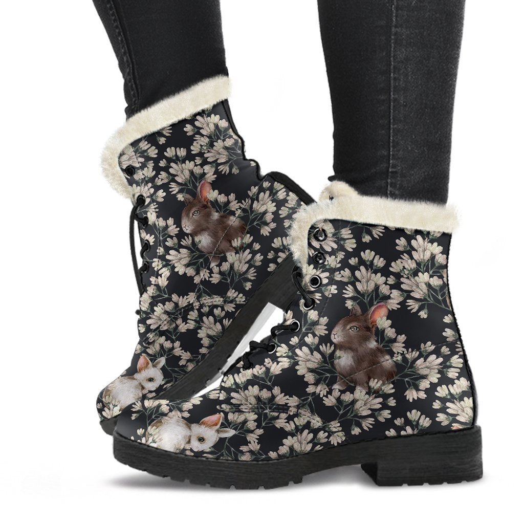 Floral Bunny Rabbit Pattern Print Comfy Winter Boots-grizzshop