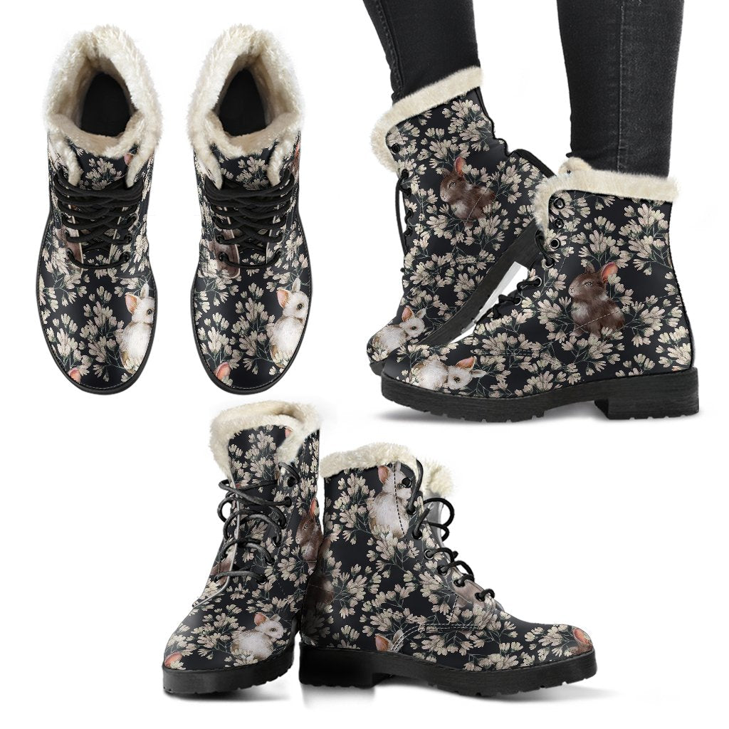 Floral Bunny Rabbit Pattern Print Comfy Winter Boots-grizzshop