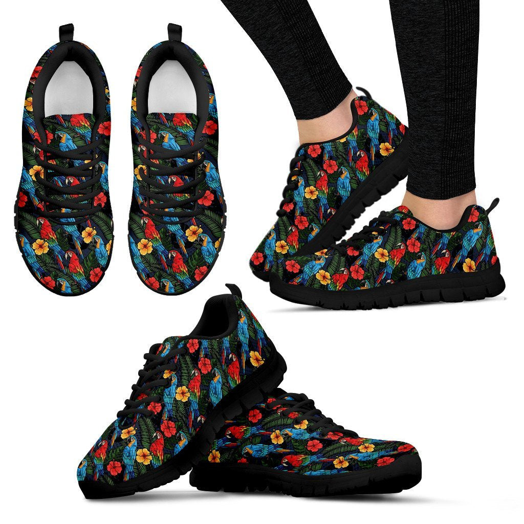 Floral Parrot Bird Pattern Print Black Sneaker Shoes For Men Women-grizzshop