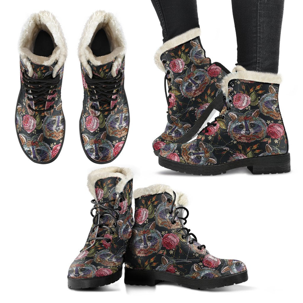 Floral Raccoon Pattern Print Comfy Winter Boots-grizzshop