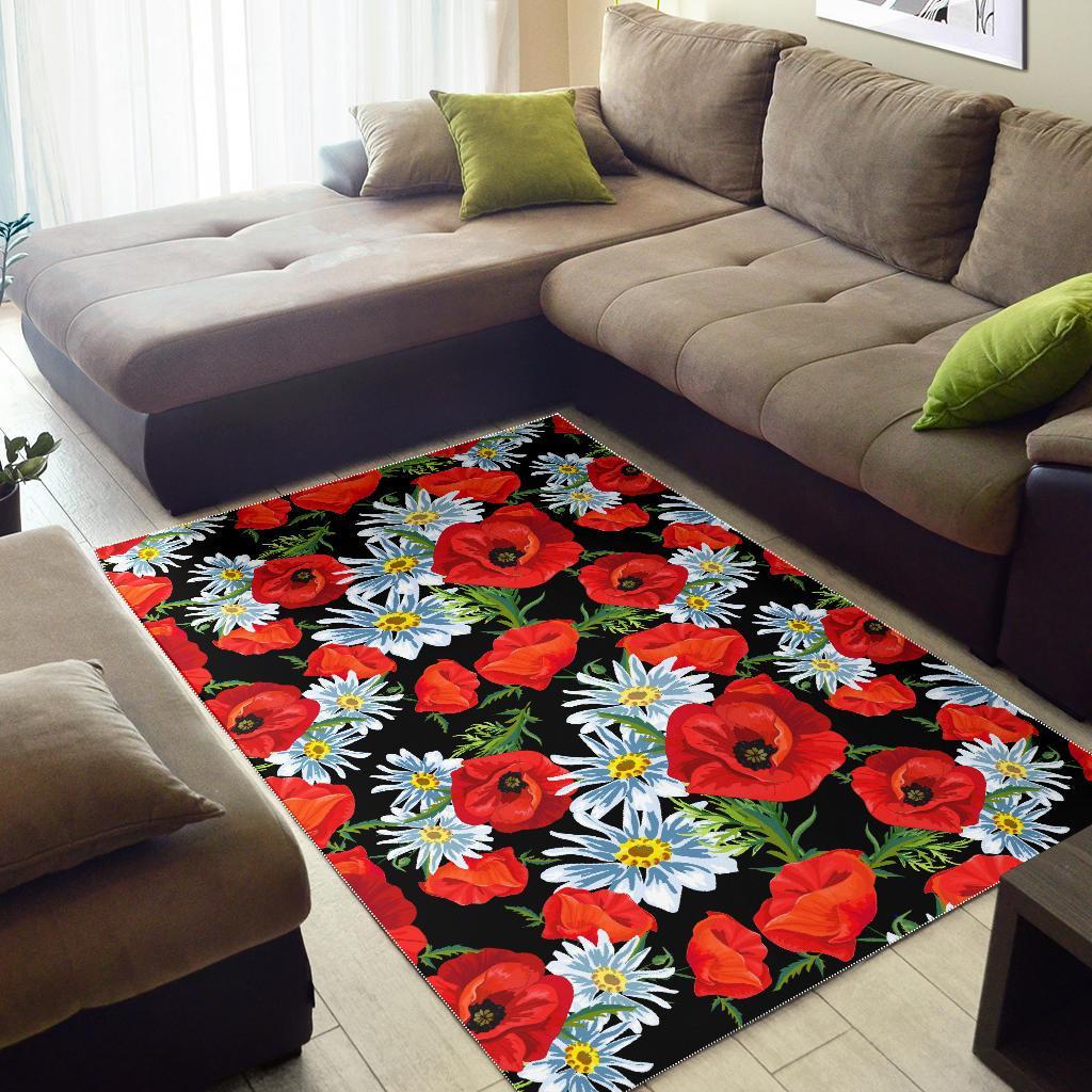 Floral Red Poppy Pattern Print Floor Mat-grizzshop