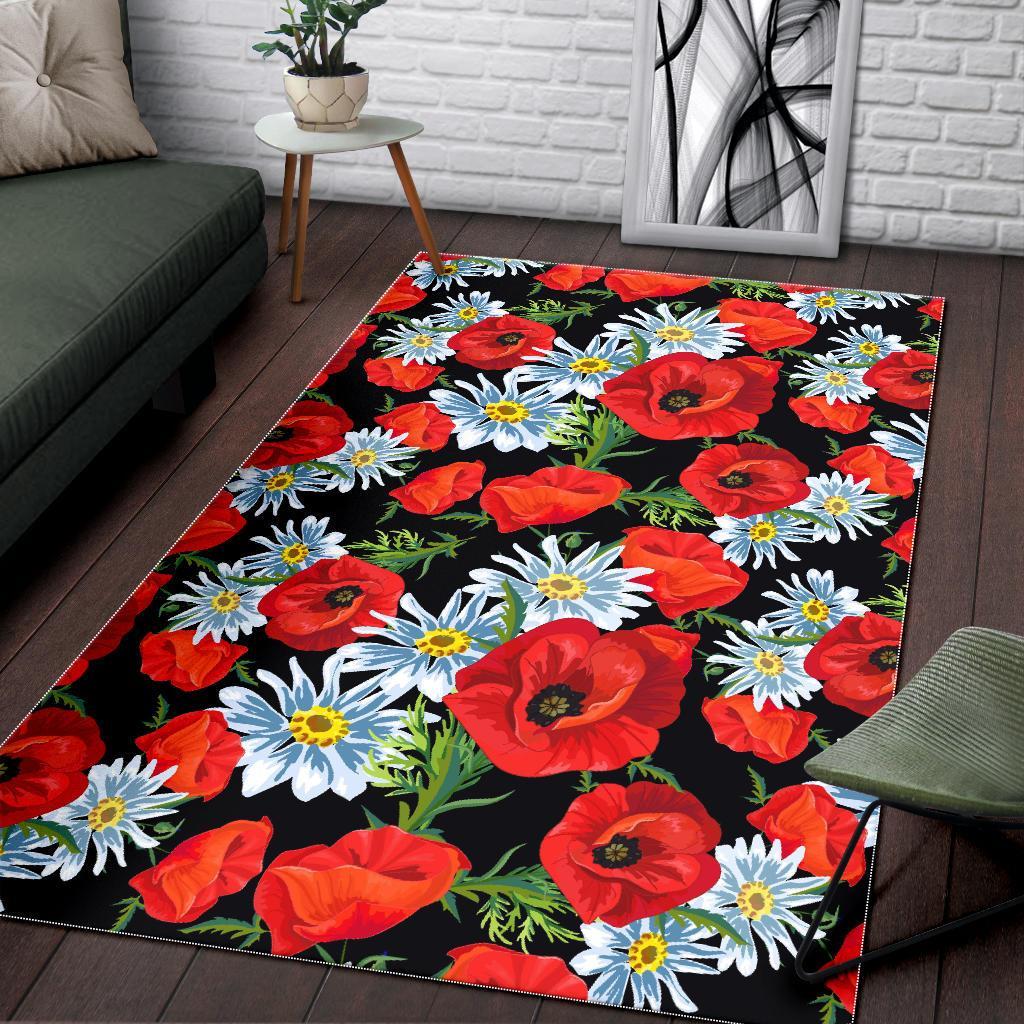 Floral Red Poppy Pattern Print Floor Mat-grizzshop