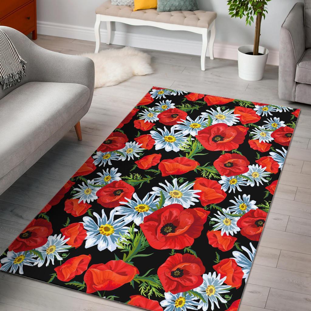 Floral Red Poppy Pattern Print Floor Mat-grizzshop