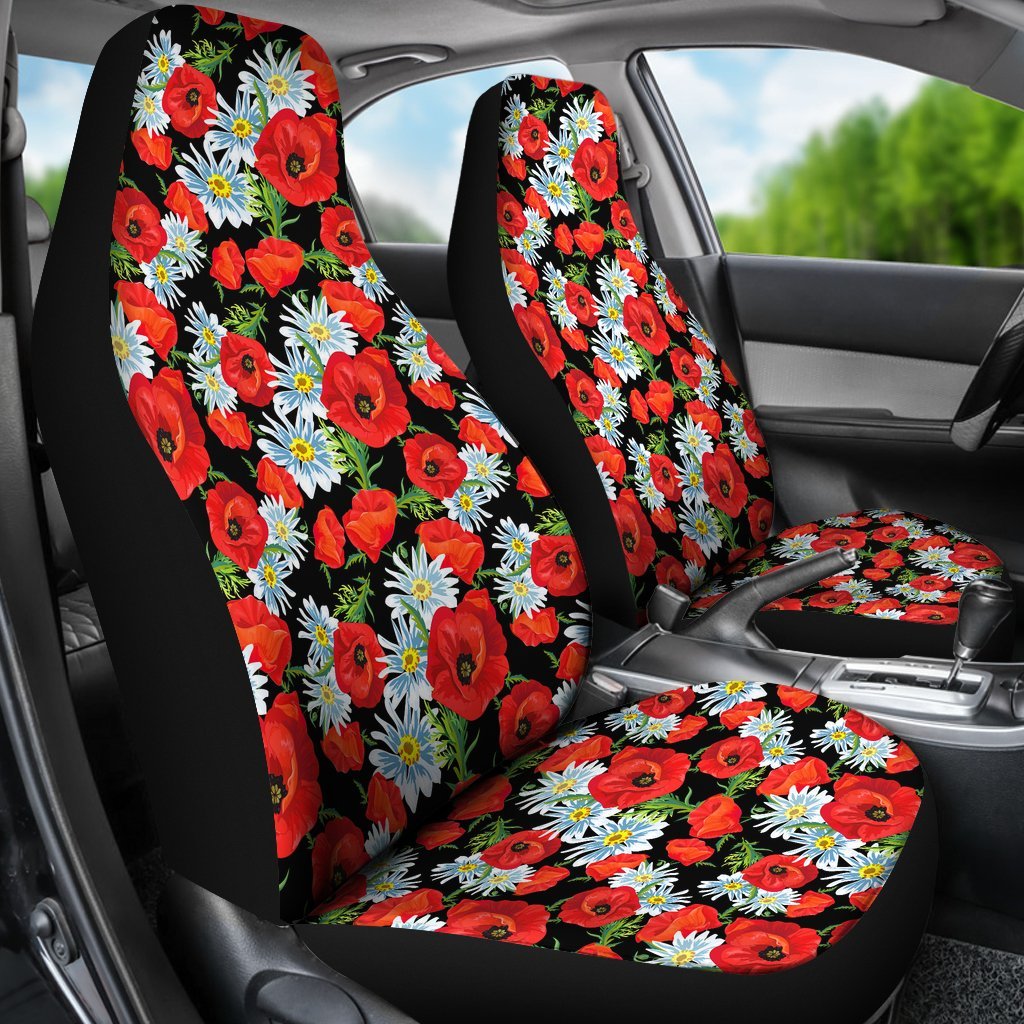 Floral Red Poppy Pattern Print Universal Fit Car Seat Cover-grizzshop