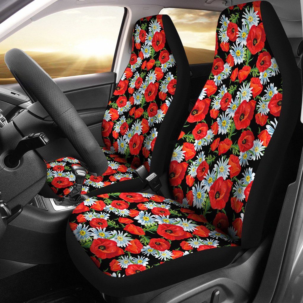 Floral Red Poppy Pattern Print Universal Fit Car Seat Cover-grizzshop