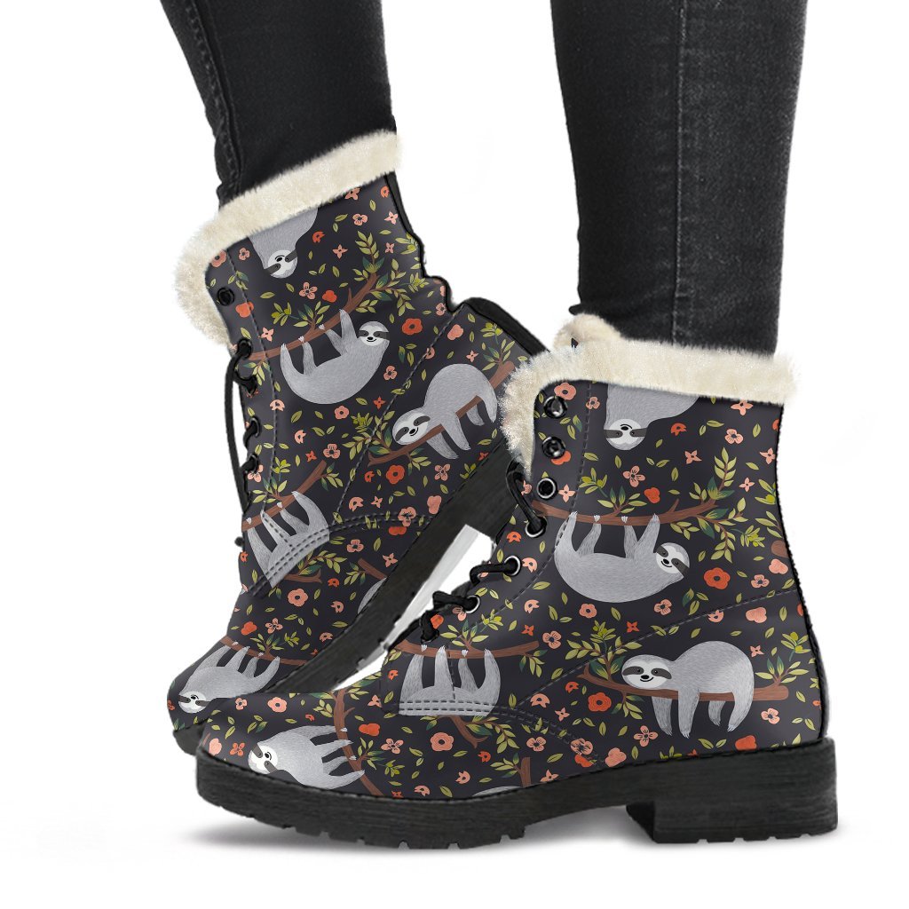 Floral Sloth Pattern Print Comfy Winter Boots-grizzshop