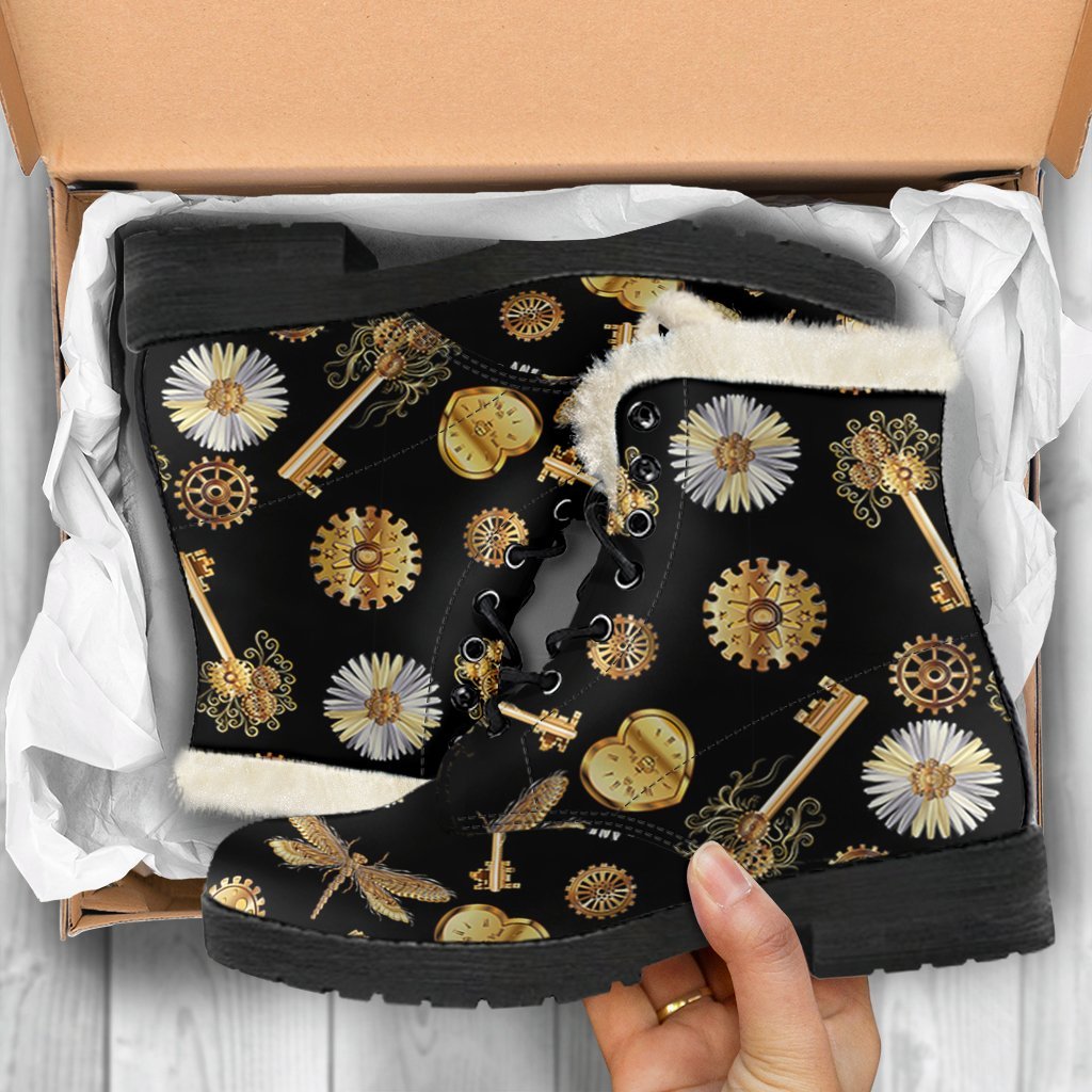 Floral Steampunk Pattern Print Comfy Winter Boots-grizzshop