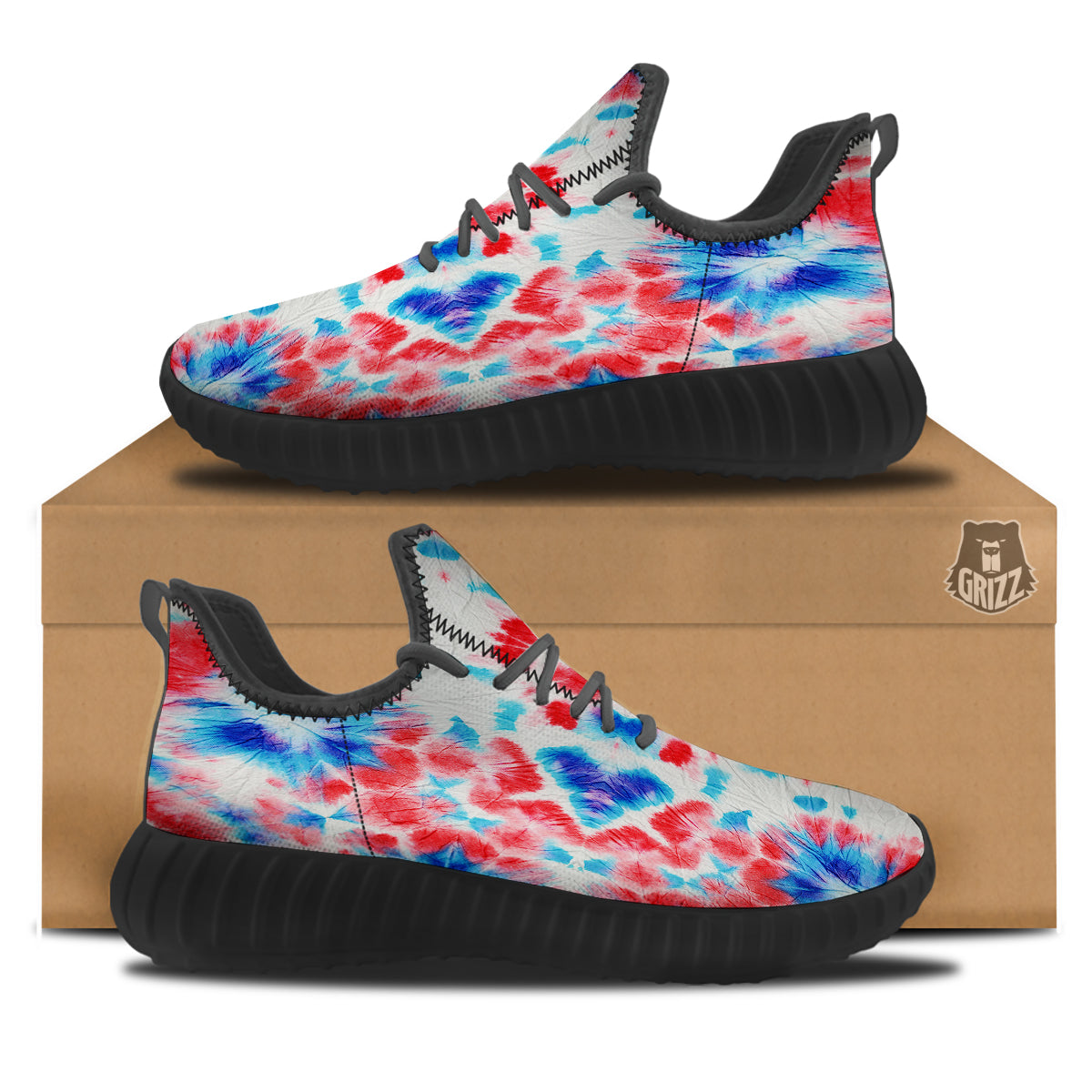 Flower Abstract Mark Red And Blue Print Black Walking Shoes-grizzshop
