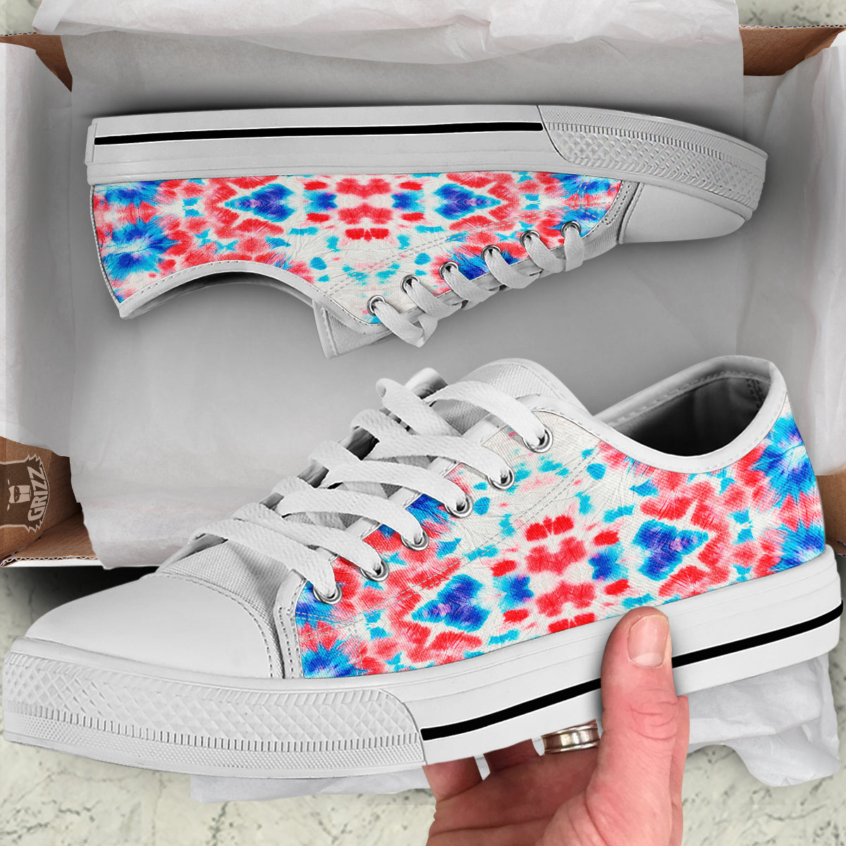 Flower Abstract Mark Red And Blue Print White Low Top Shoes-grizzshop