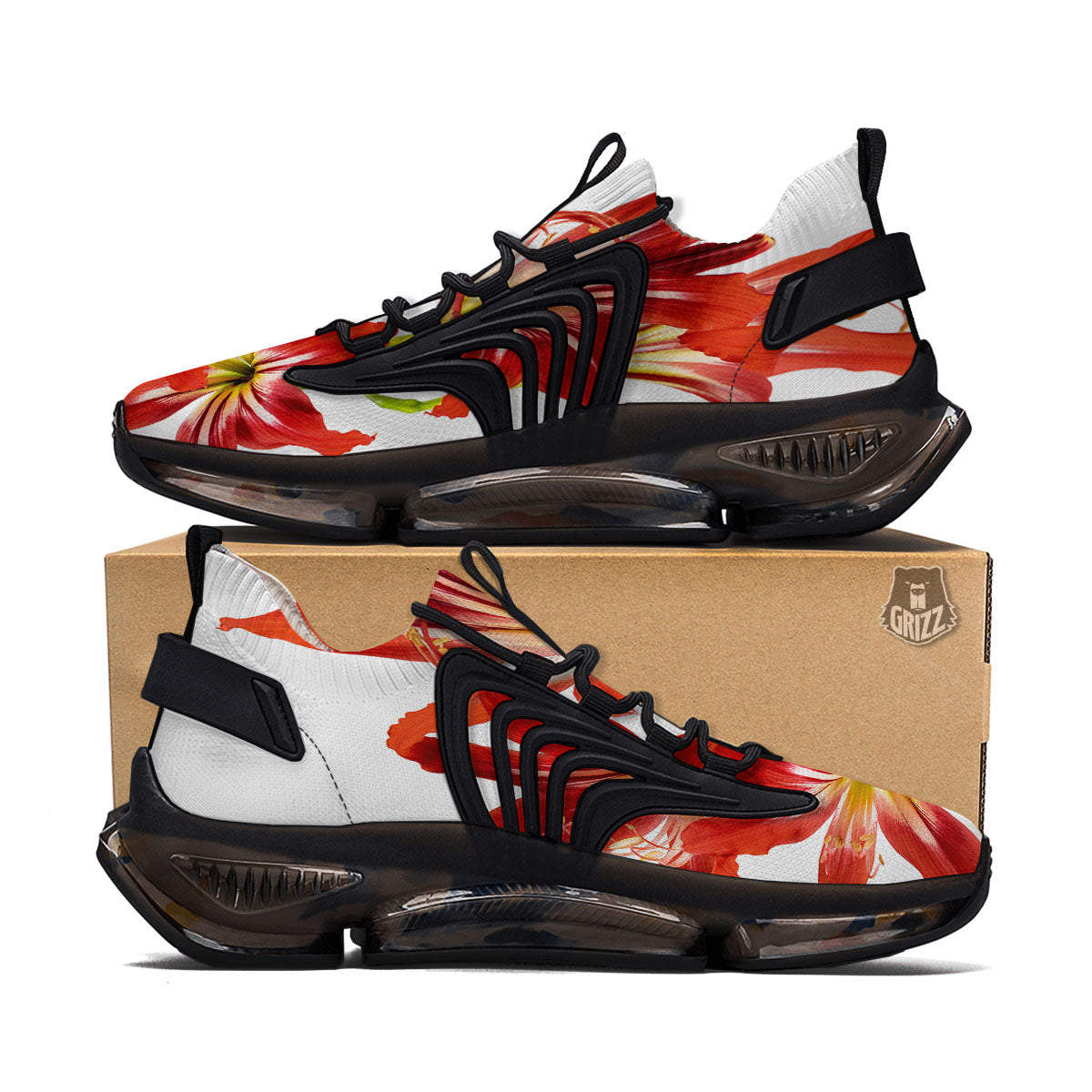 Flower Amaryllis Print Black Gym Shoes-grizzshop