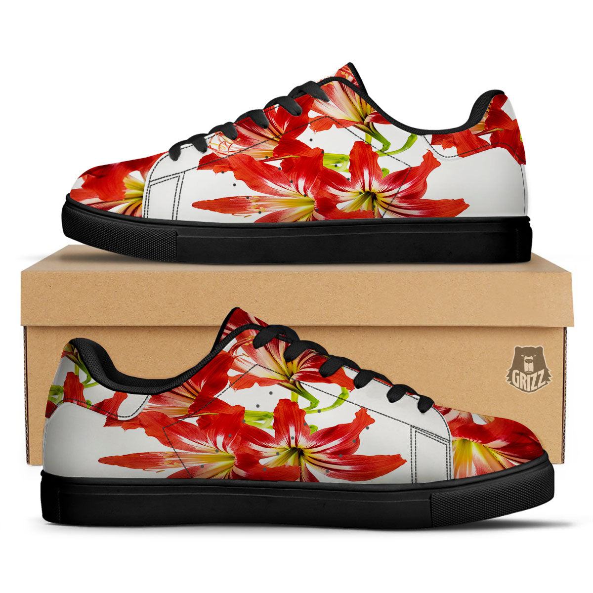 Flower Amaryllis Print Black Low Top Sneakers-grizzshop