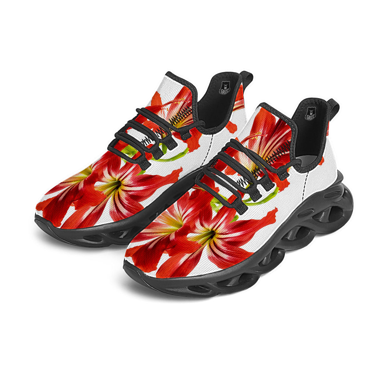 Flower Amaryllis Print Black Running Shoes-grizzshop