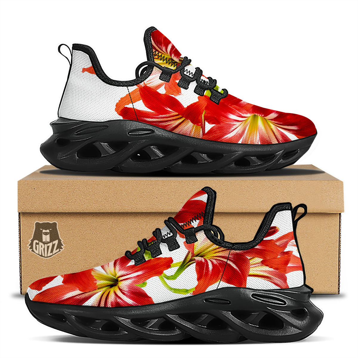 Flower Amaryllis Print Black Running Shoes-grizzshop