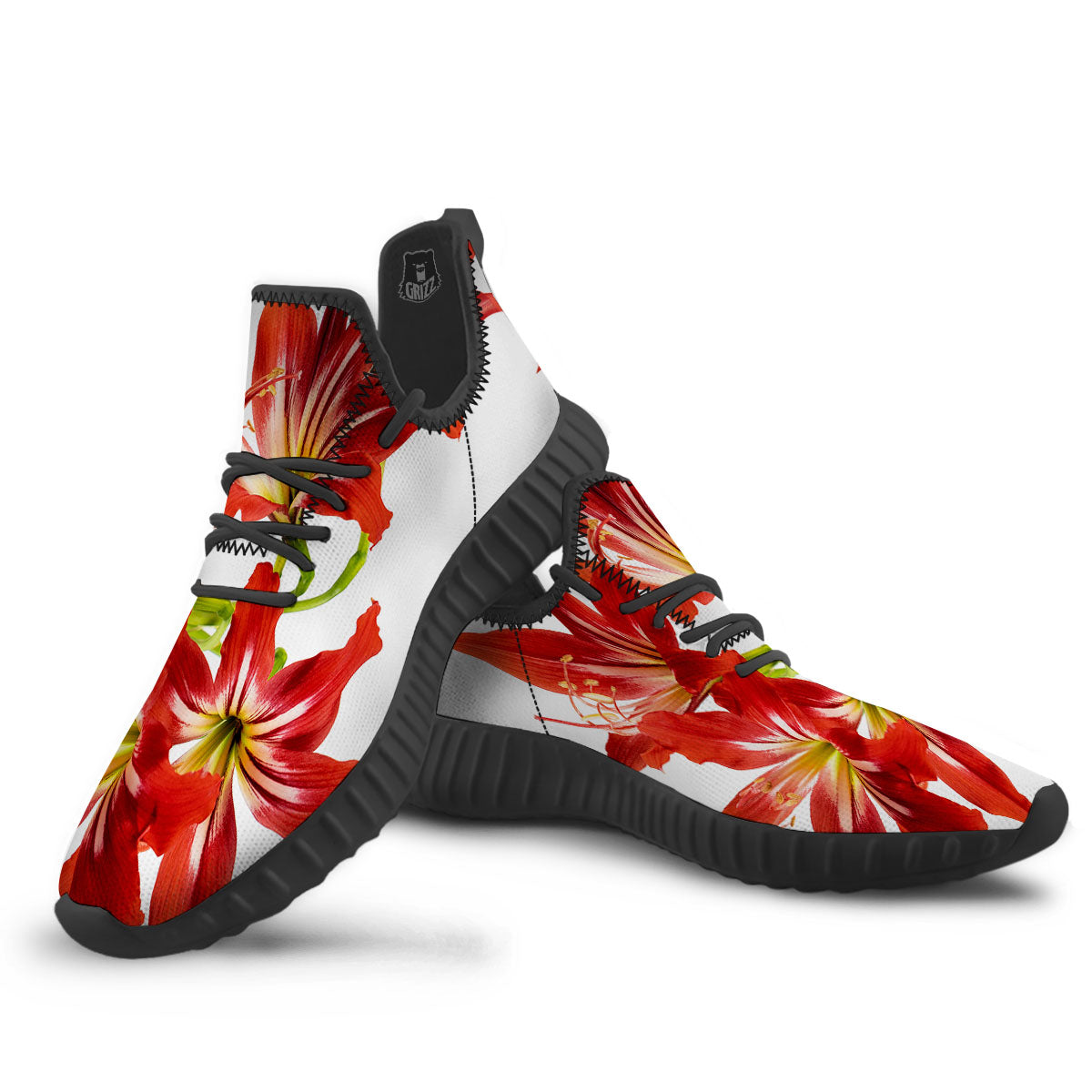 Flower Amaryllis Print Black Walking Shoes-grizzshop