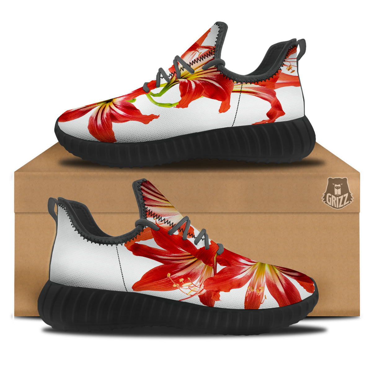 Flower Amaryllis Print Black Walking Shoes-grizzshop