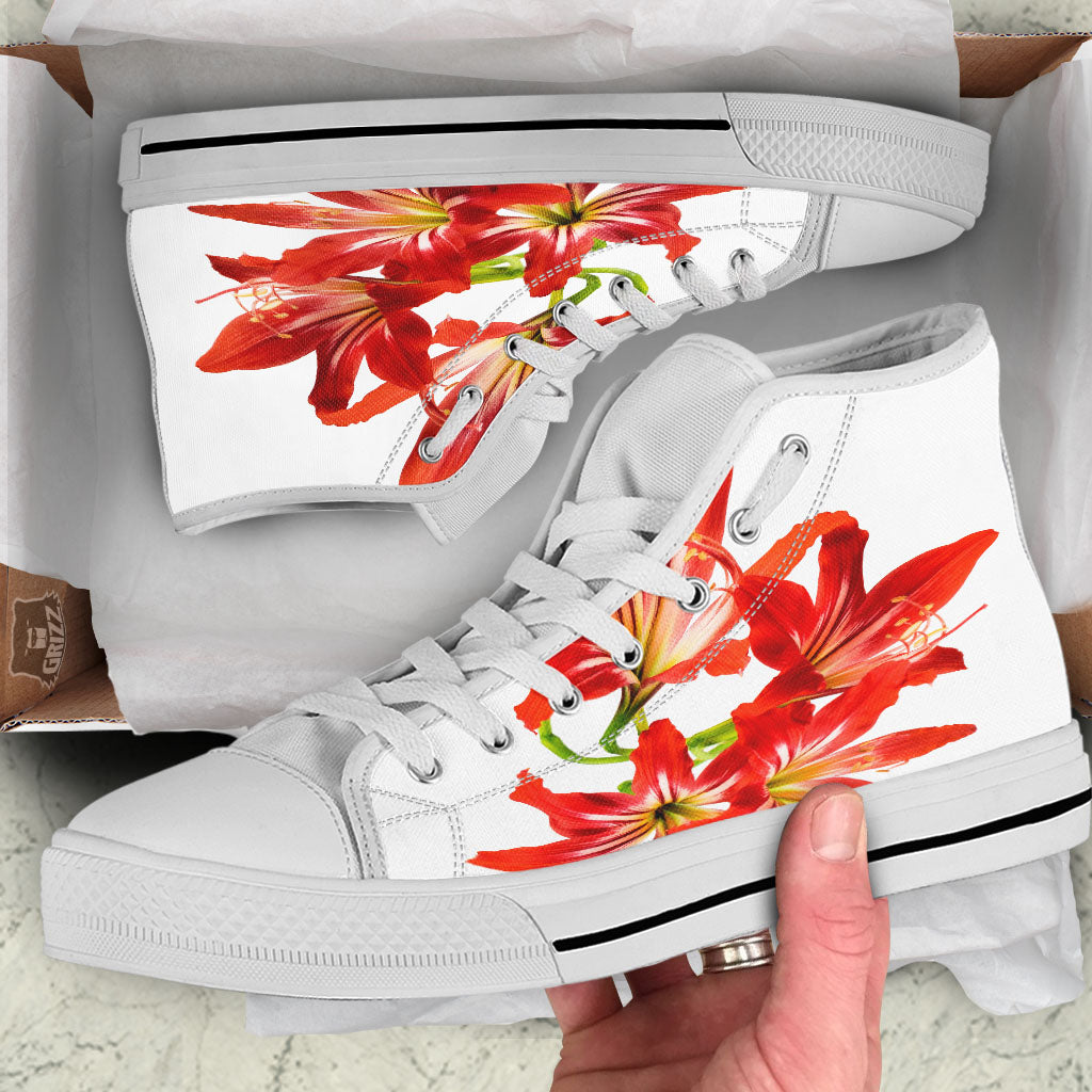 Flower Amaryllis Print White High Top Shoes-grizzshop