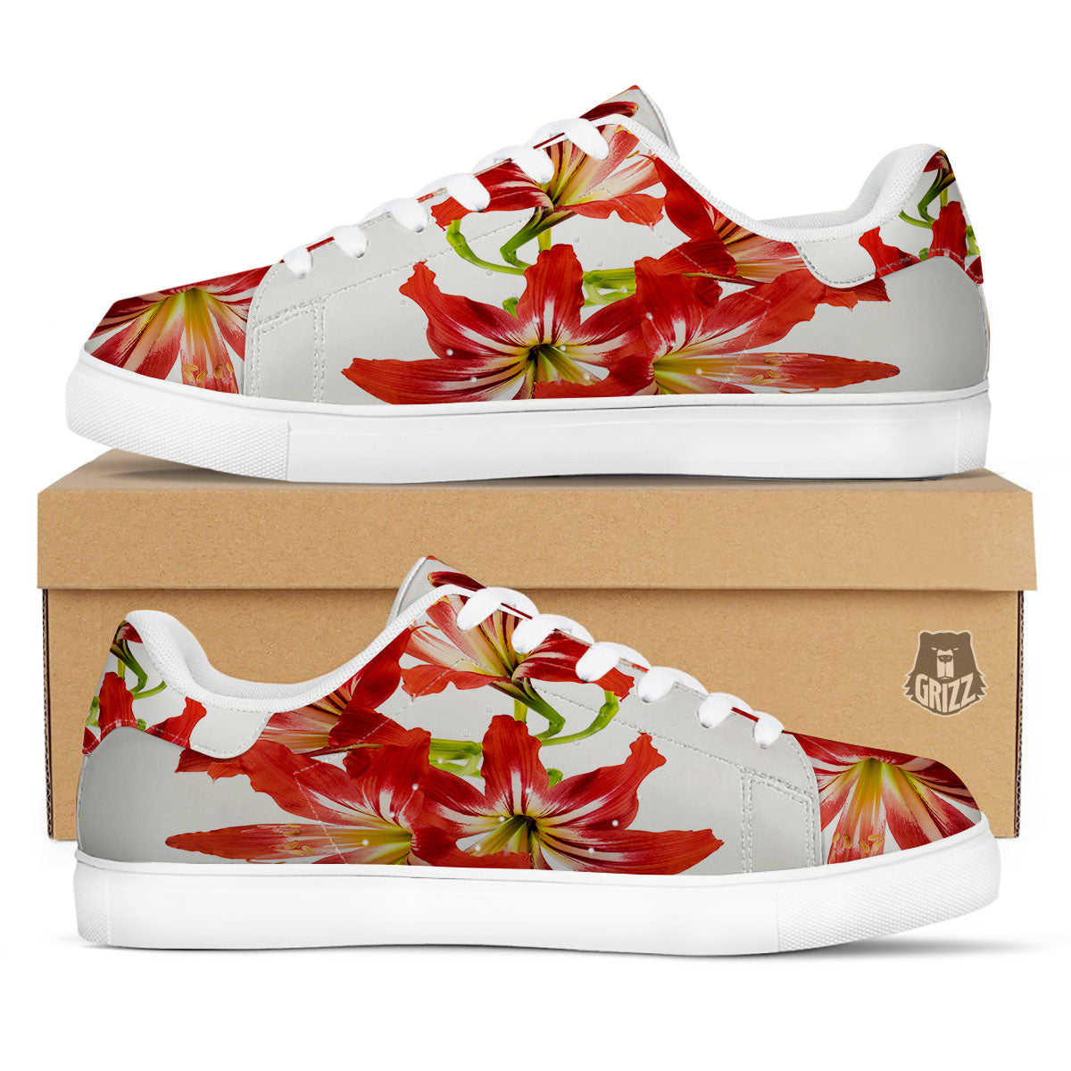 Flower Amaryllis Print White Low Top Sneakers-grizzshop