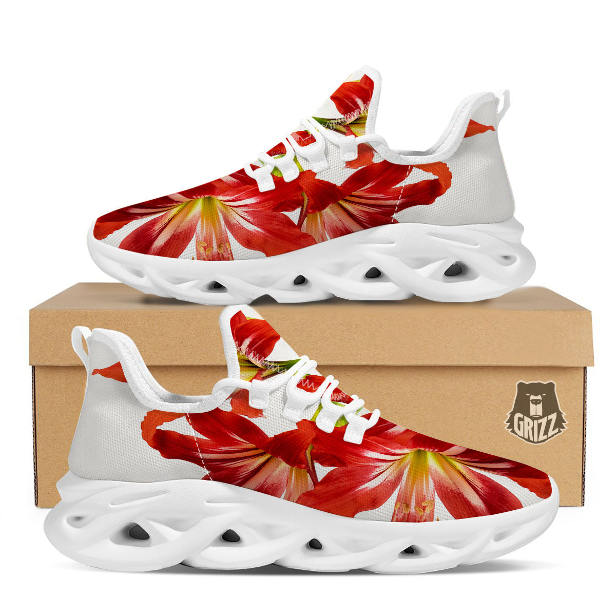 Flower Amaryllis Print White Running Shoes-grizzshop