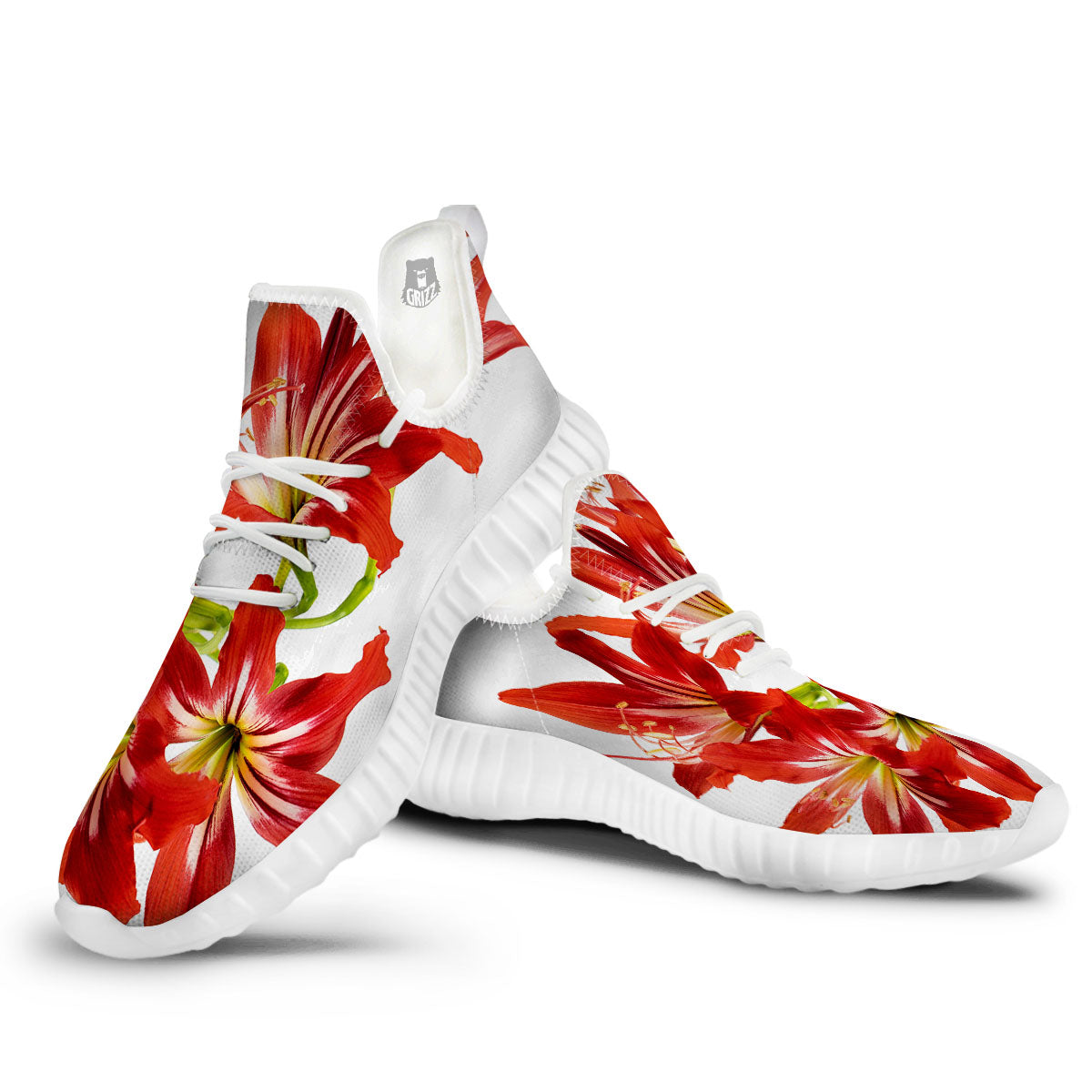 Flower Amaryllis Print White Walking Shoes-grizzshop