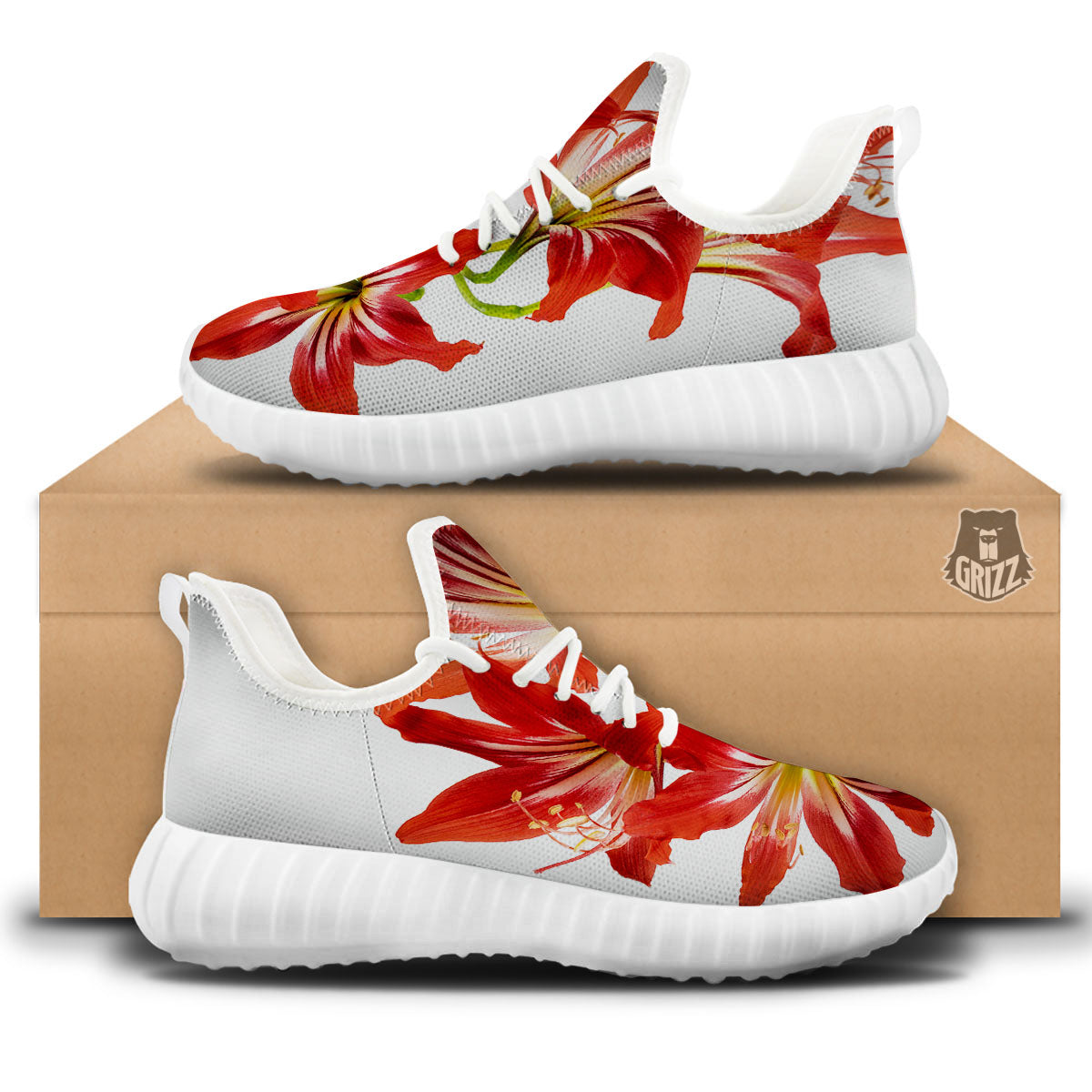Flower Amaryllis Print White Walking Shoes-grizzshop