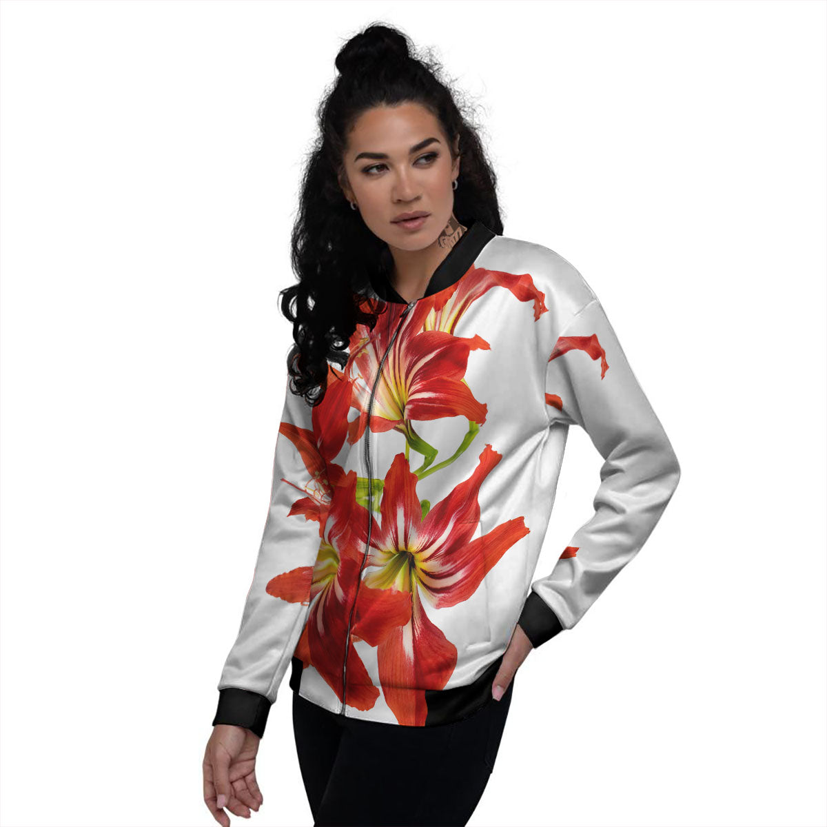 Flower Amaryllis Print Women's Bomber Jacket-grizzshop