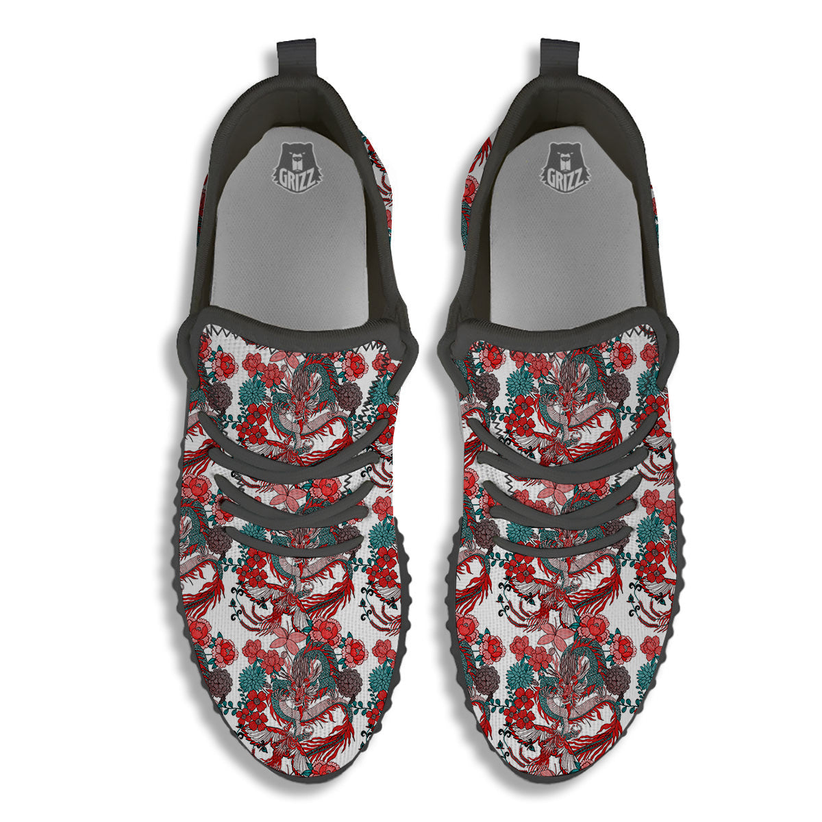 Flower And Chinese Dragon Print Pattern Black Walking Shoes-grizzshop