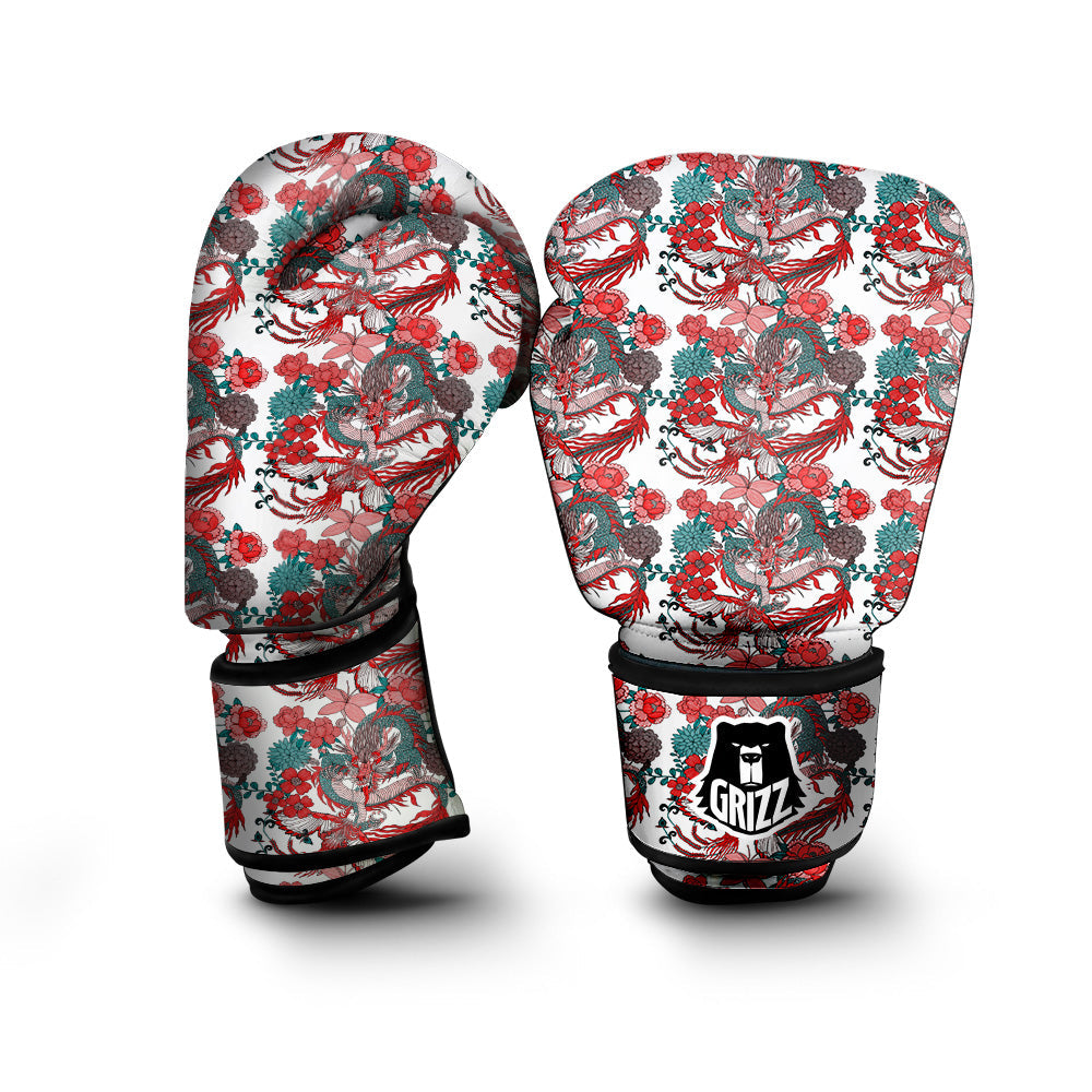 Flower And Chinese Dragon Print Pattern Boxing Gloves-grizzshop