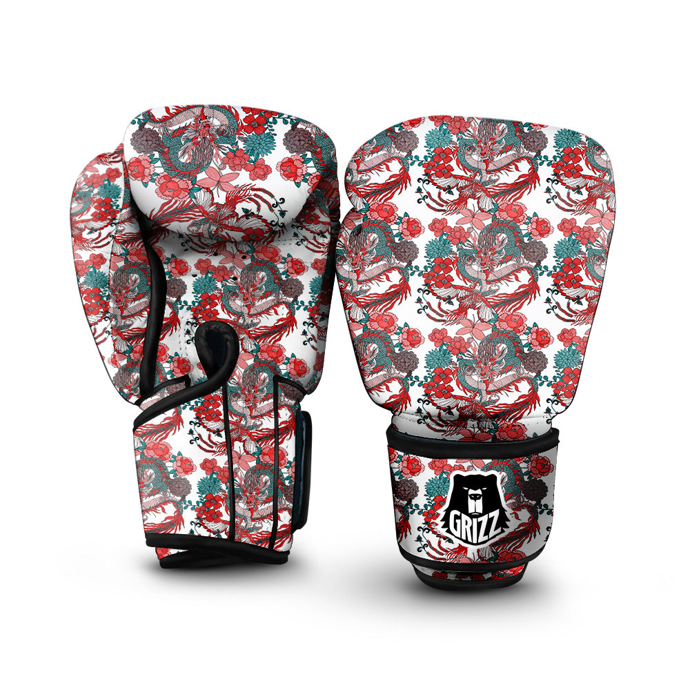 Flower And Chinese Dragon Print Pattern Boxing Gloves-grizzshop