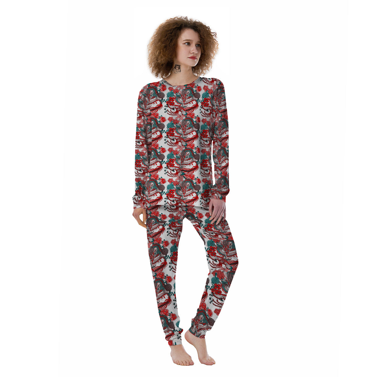 Flower And Chinese Dragon Print Pattern Women's Pajamas-grizzshop