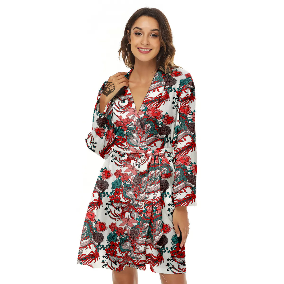 Flower And Chinese Dragon Print Pattern Women's Robe-grizzshop