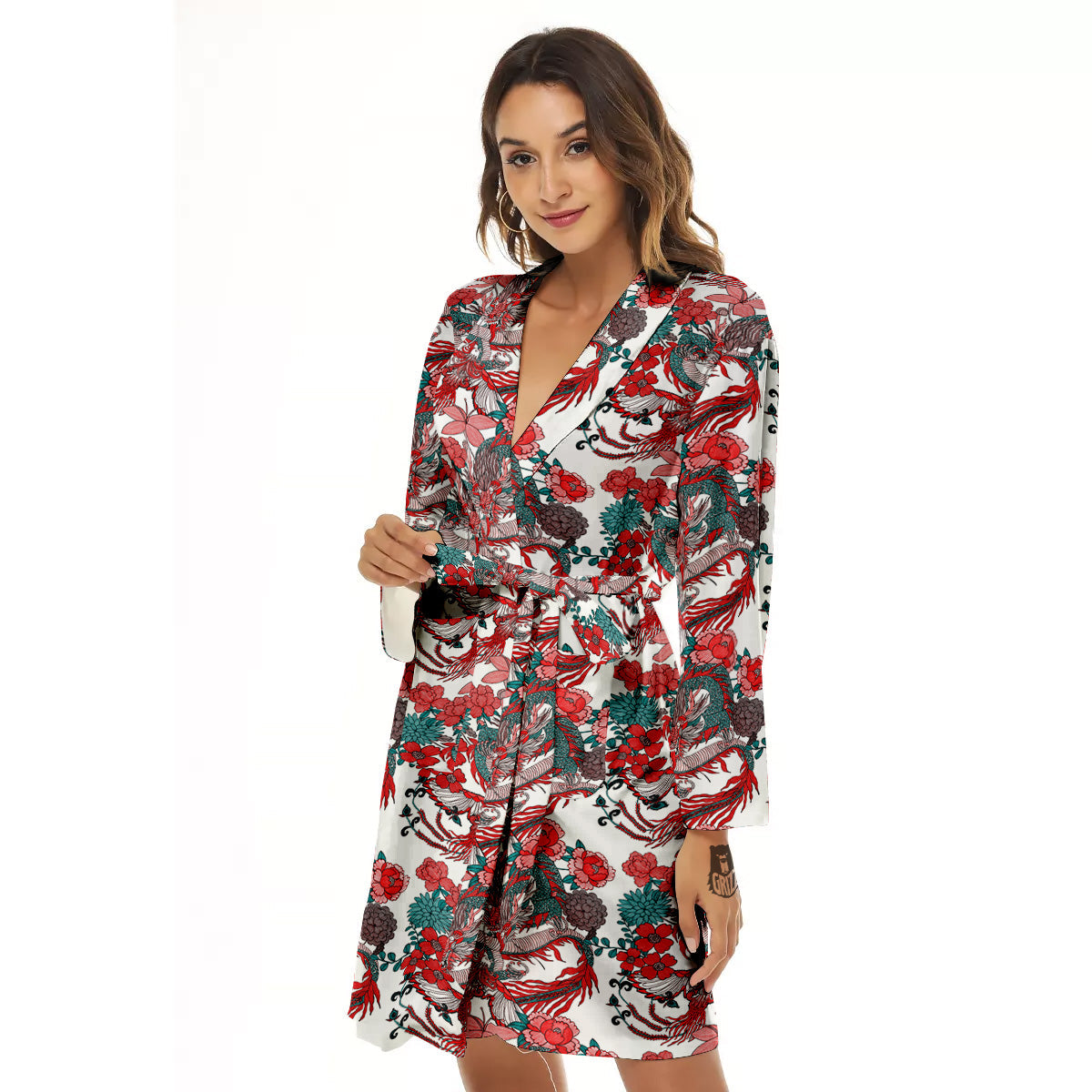 Flower And Chinese Dragon Print Pattern Women's Robe-grizzshop