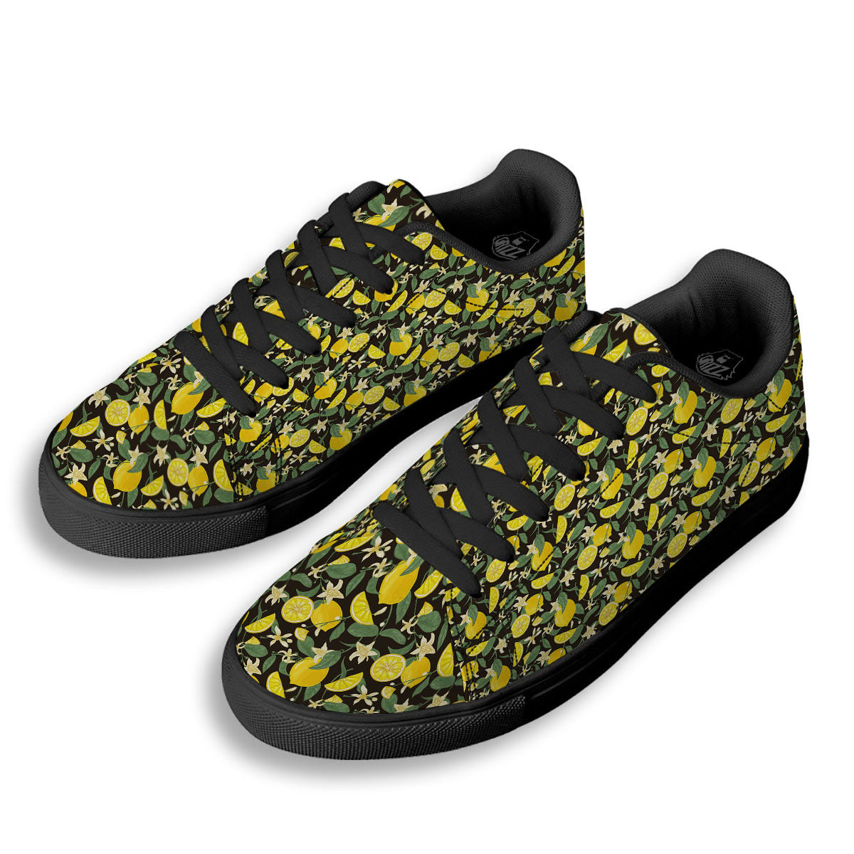 Flower And Lemon Print Pattern Black Low Top Sneakers-grizzshop