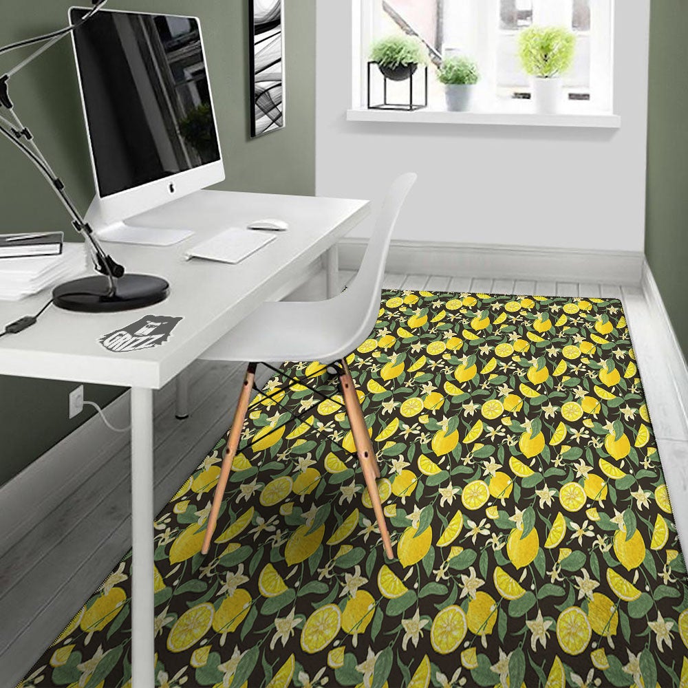 Flower And Lemon Print Pattern Floor Mat-grizzshop