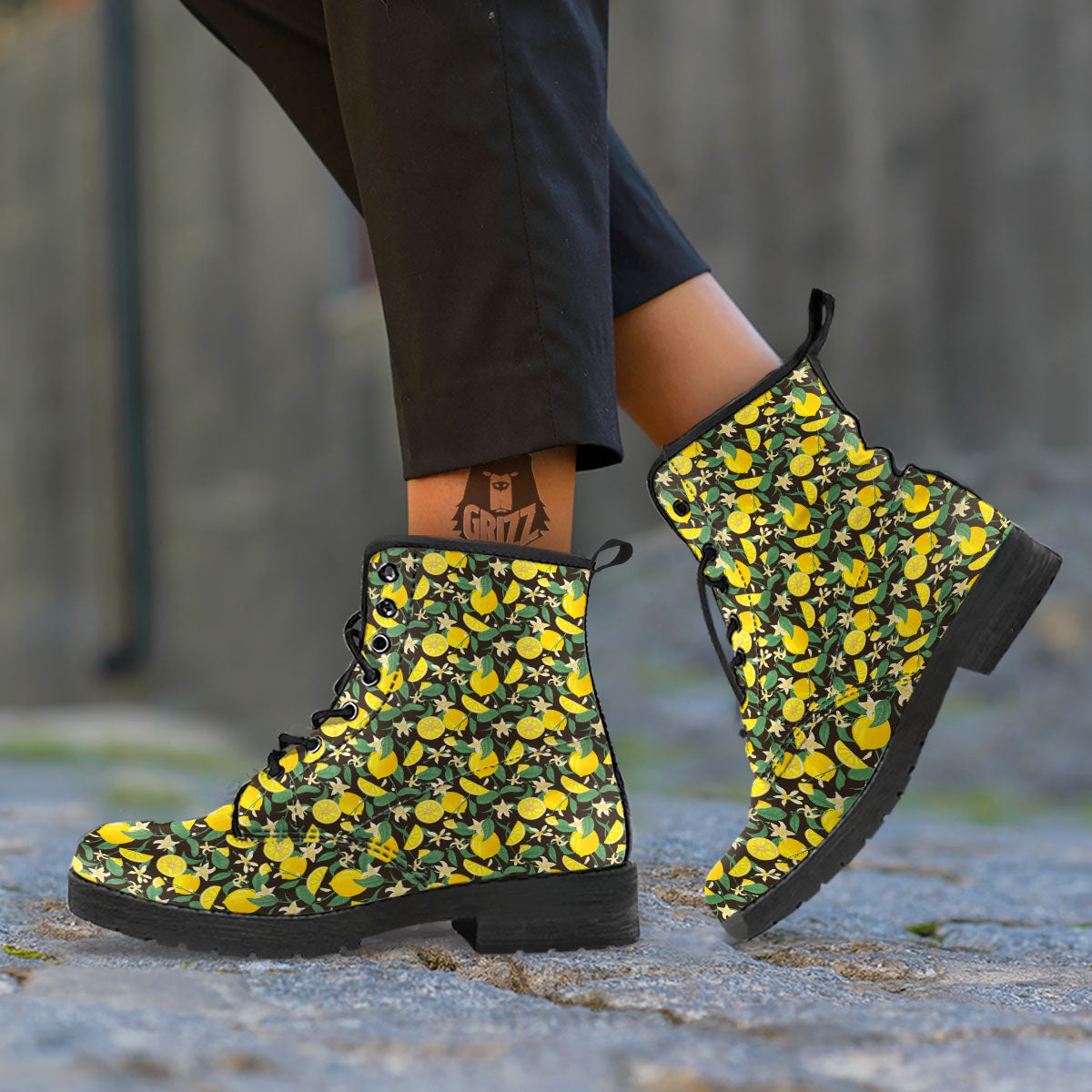 Flower And Lemon Print Pattern Leather Boots-grizzshop