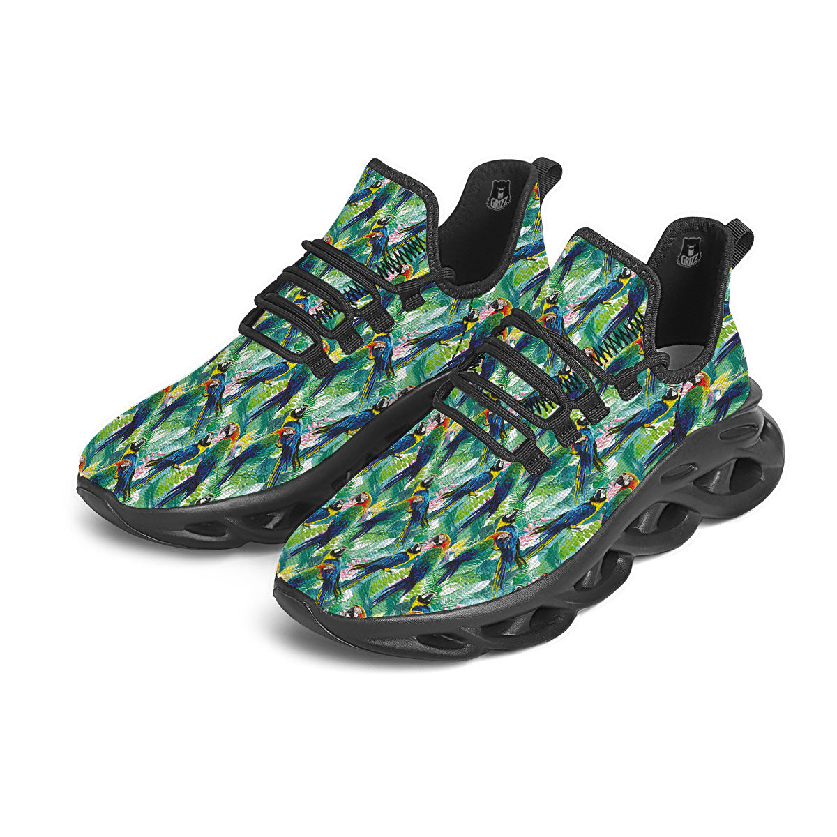 Flower And Parrot Print Pattern Black Running Shoes-grizzshop