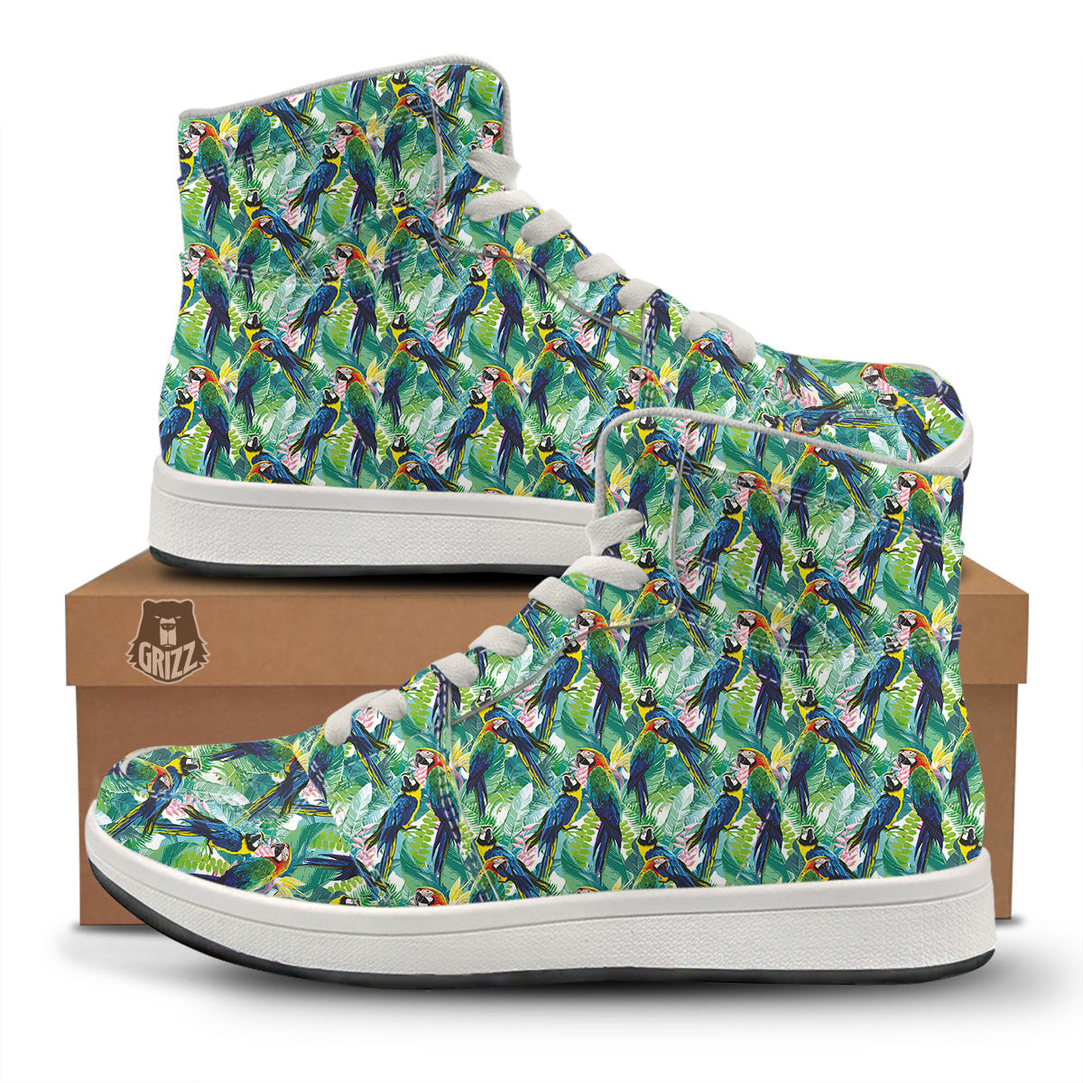 Flower And Parrot Print Pattern High Top Sneakers-grizzshop