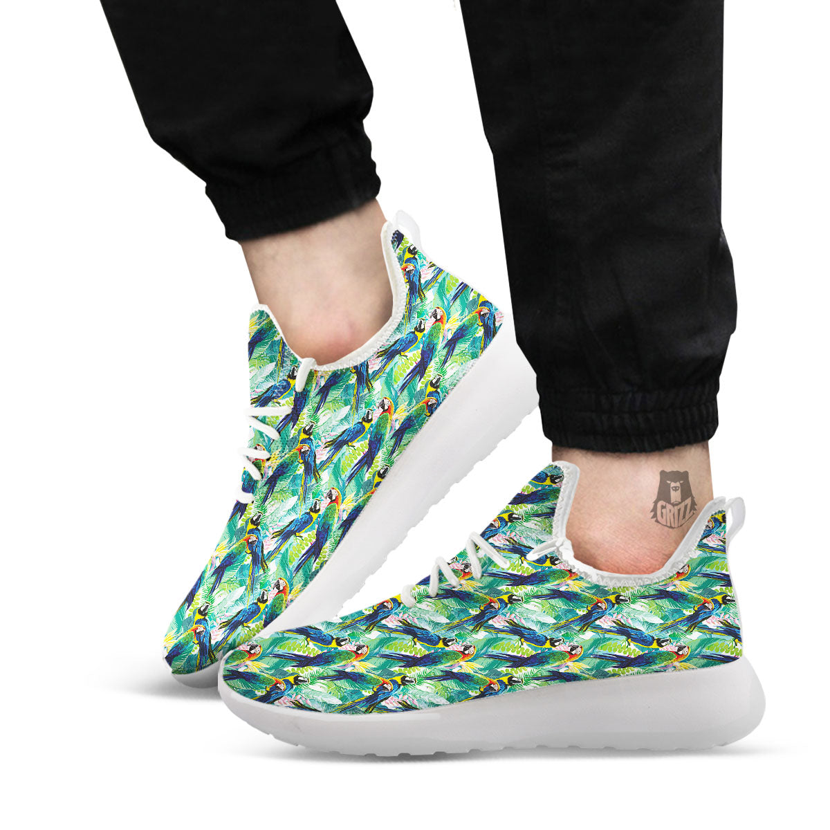 Flower And Parrot Print Pattern White Athletic Shoes-grizzshop