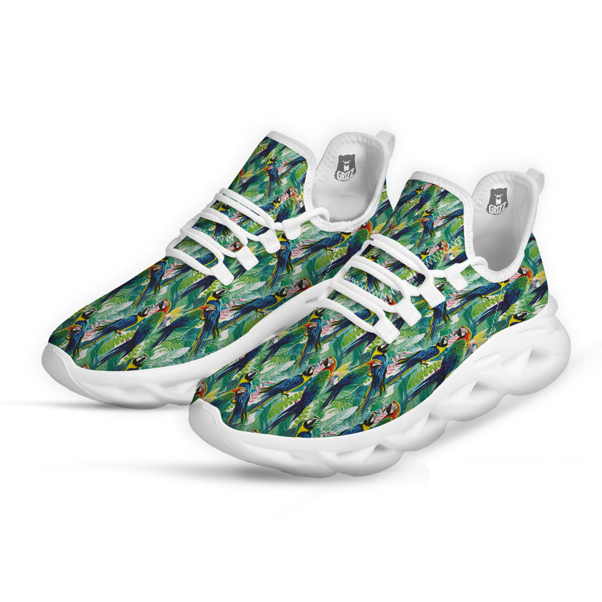 Flower And Parrot Print Pattern White Running Shoes-grizzshop