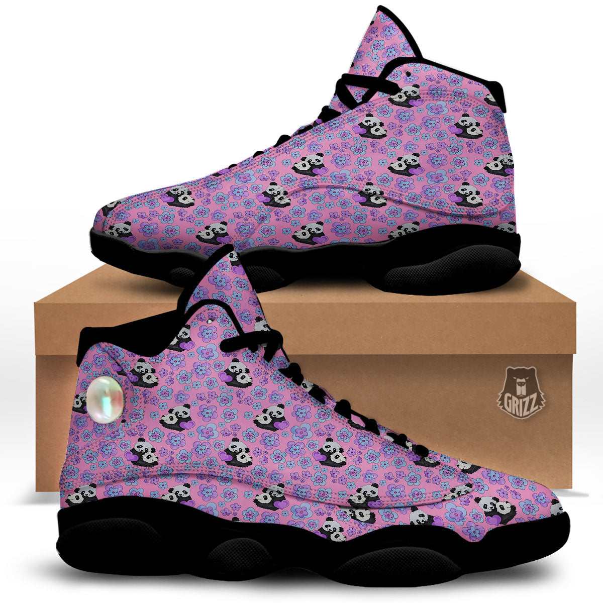 Flower And Purple Panda Print Pattern Black Basketball Shoes-grizzshop