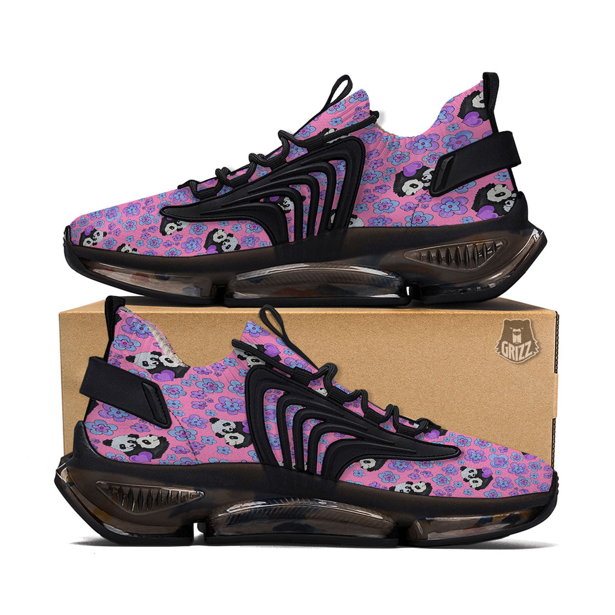 Flower And Purple Panda Print Pattern Black Gym Shoes-grizzshop