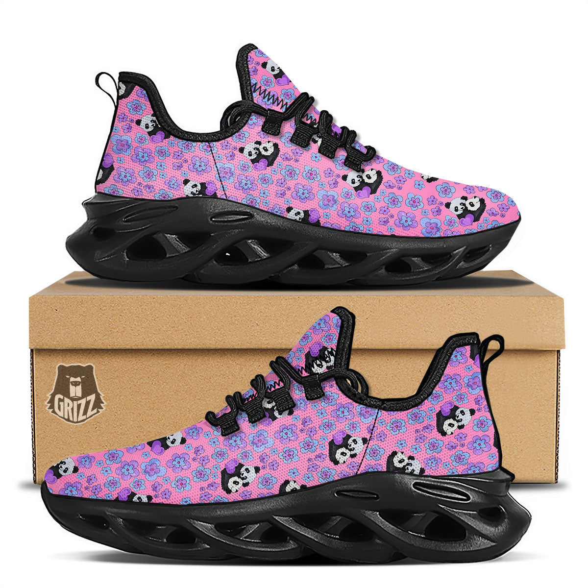 Flower And Purple Panda Print Pattern Black Running Shoes-grizzshop