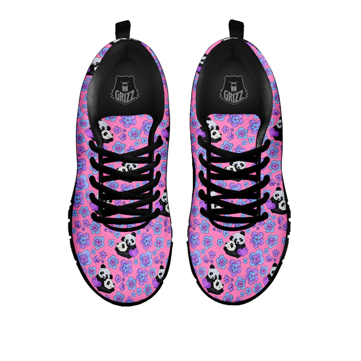 Flower And Purple Panda Print Pattern Black Sneaker-grizzshop