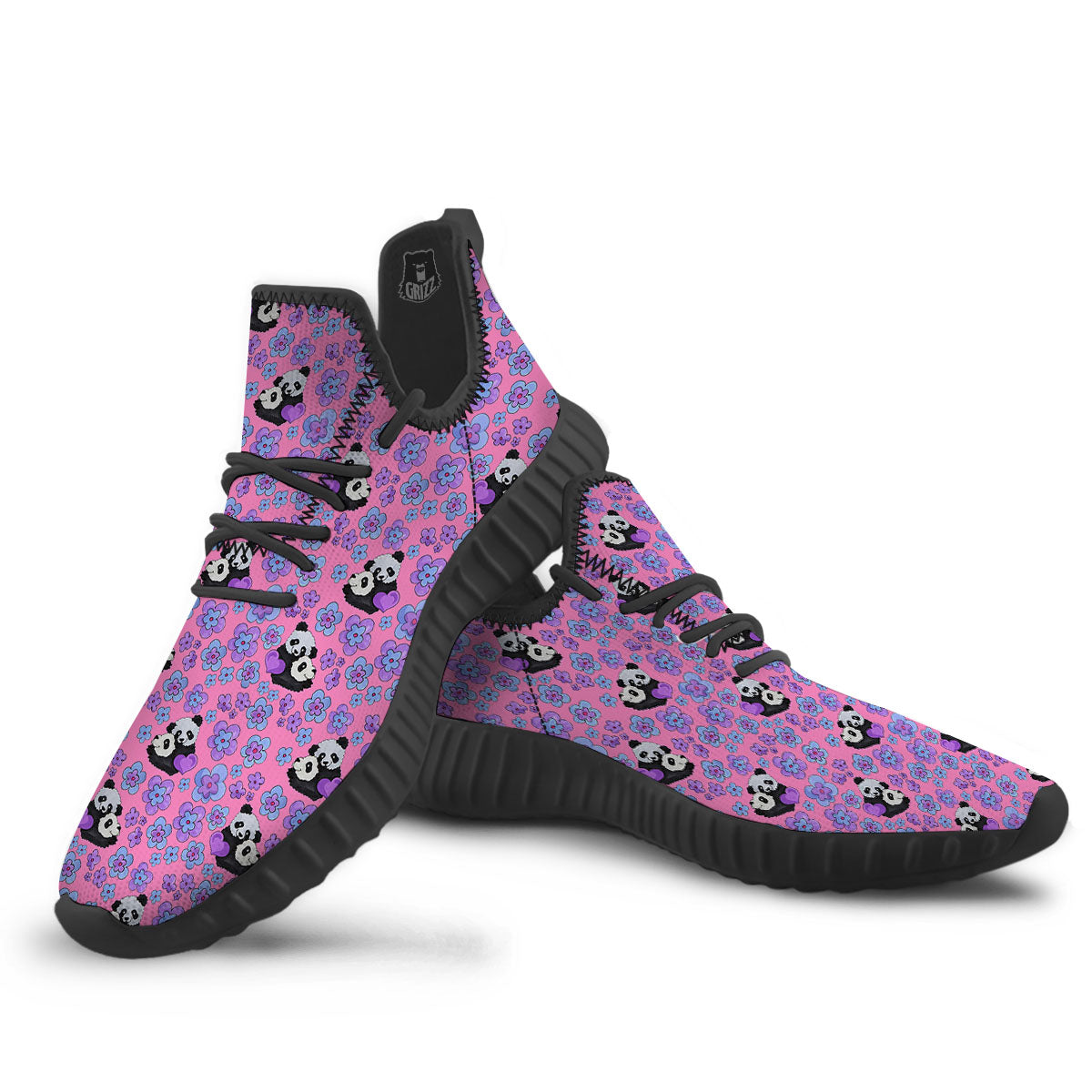 Flower And Purple Panda Print Pattern Black Walking Shoes-grizzshop
