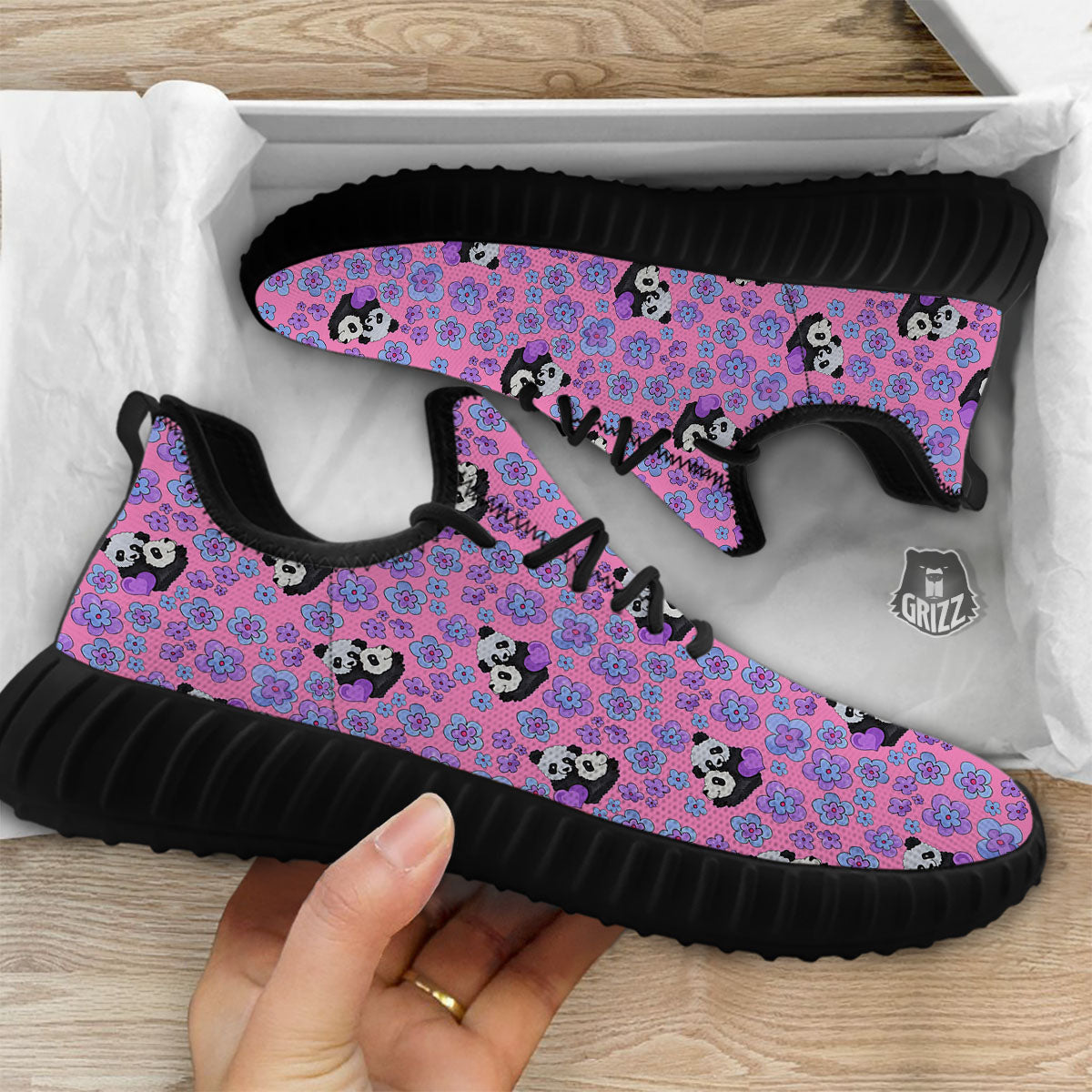 Flower And Purple Panda Print Pattern Black Walking Shoes-grizzshop