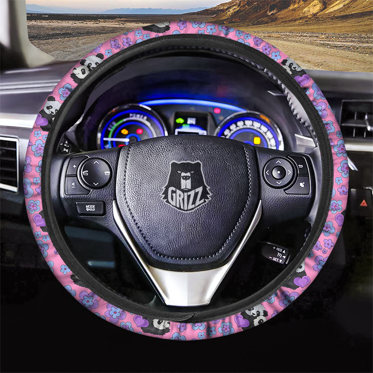 Flower And Purple Panda Print Pattern Car Steering Wheel Cover-grizzshop