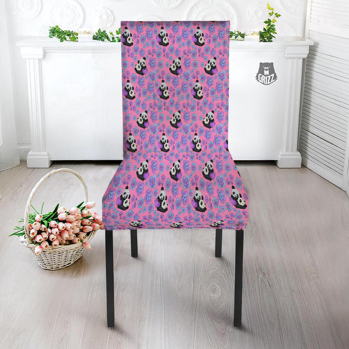 Flower And Purple Panda Print Pattern Dining Chair Slipcover-grizzshop