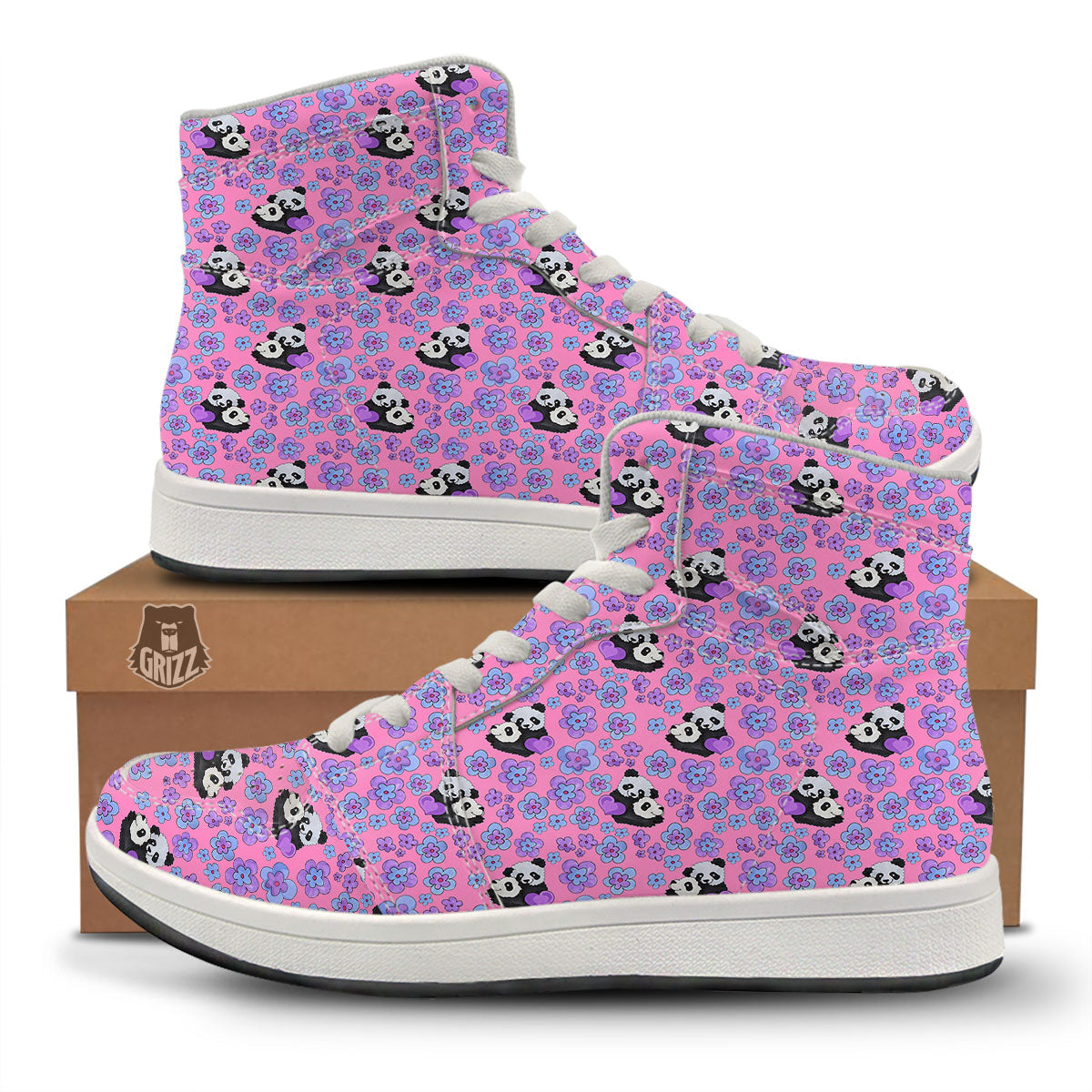 Flower And Purple Panda Print Pattern High Top Sneakers-grizzshop