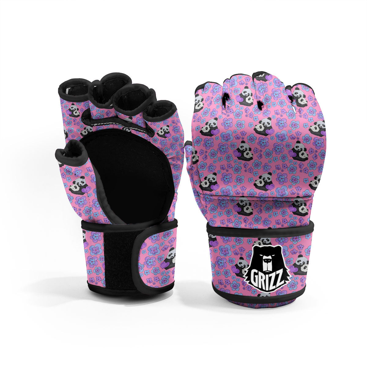 Flower And Purple Panda Print Pattern MMA Gloves-grizzshop