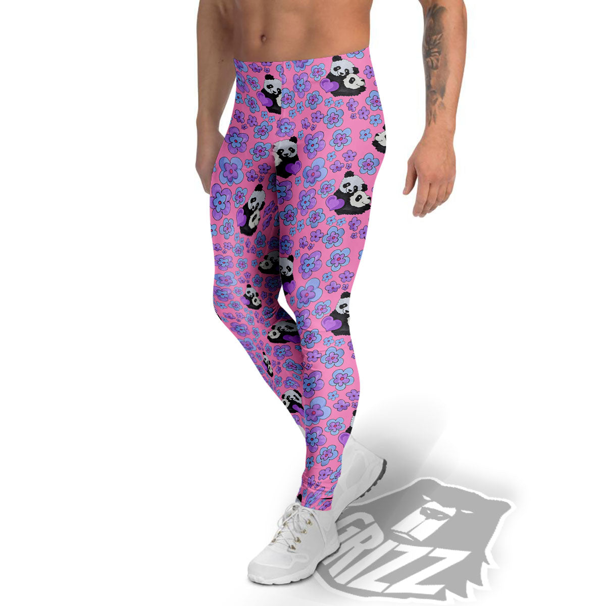 Flower And Purple Panda Print Pattern Men's Leggings-grizzshop